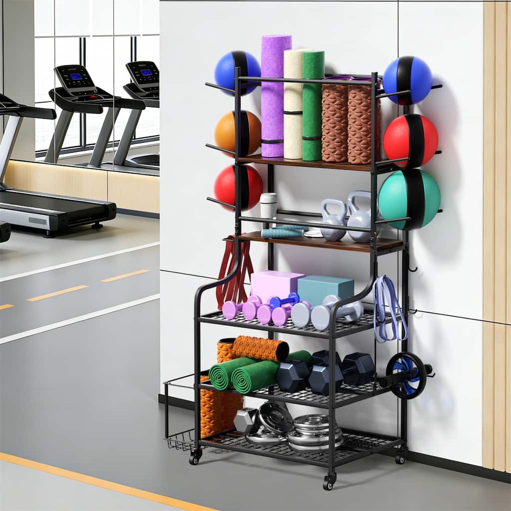 Freestanding Rolling Sports Equipment Organizer Home Gym Storage Rack with Wheels