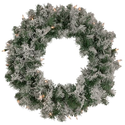Pre-Lit Flocked Victoria Pine Artificial Christmas Wreath - 24-Inch Clear Lights - 24"