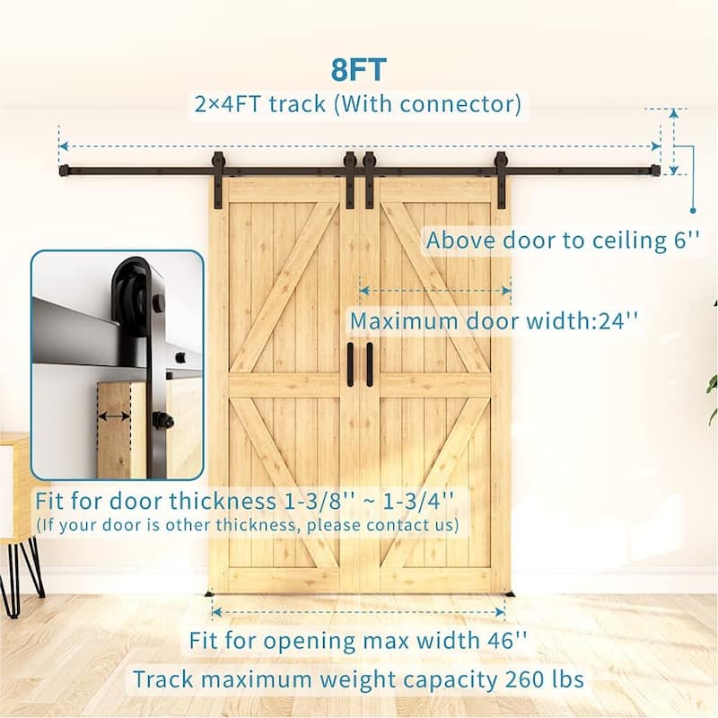 4-14 FT Sliding Barn Door Hardware Track Kit for Double Doors J Style Rollers - 8FT