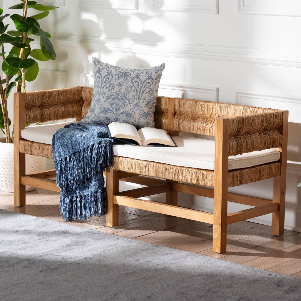 Ismael Accent Bench - Handwoven Seagrass Accent Seating with Mahogany Wood Frame, Raised Back Bench for Entryway or Living Room