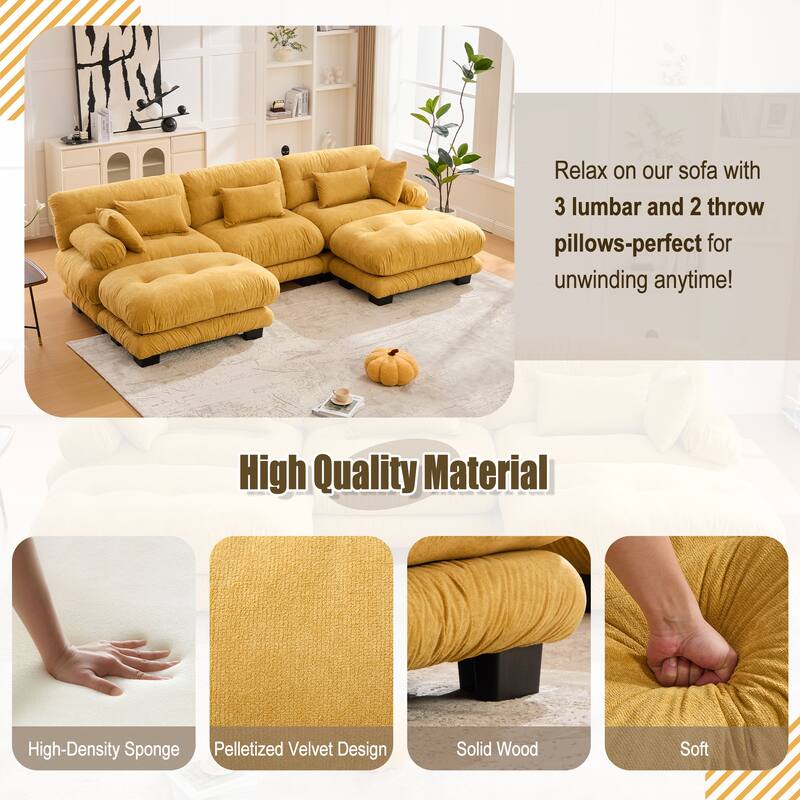 118'' Large U Shape Sofa Velvet Modular Sofa with 2 Ottomans for Living Room