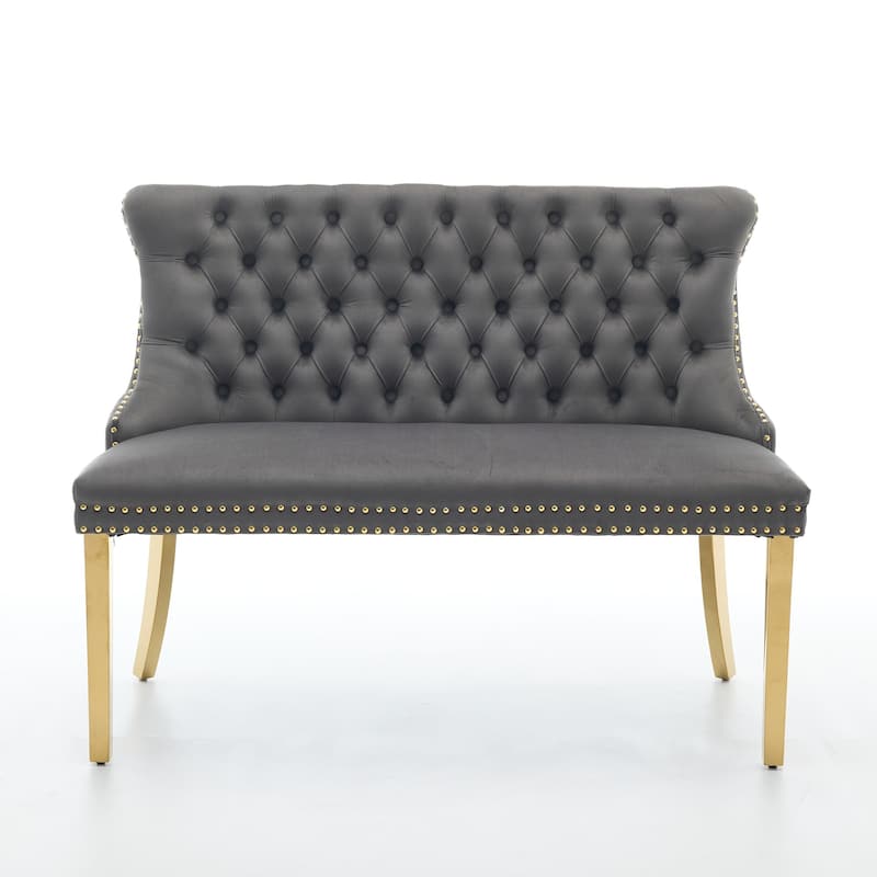 Velvet Double Dining Loveseat Bench, 2-Seat Tufted Bench w/Handmade Buttons, Wing Back, Gold-Plated Steel Legs,Single Pack