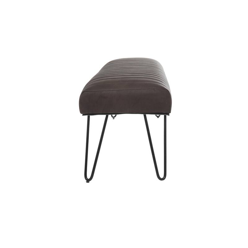 Leather Upholstered Home Bench with Linear Tufted Panels and Black Metal Hairpin Legs - Brown or Dark Brown - Roche River Decor