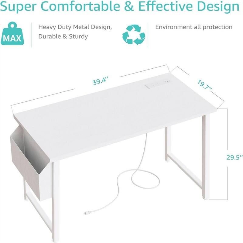 39 inch White Computer Desk with Power Outlet