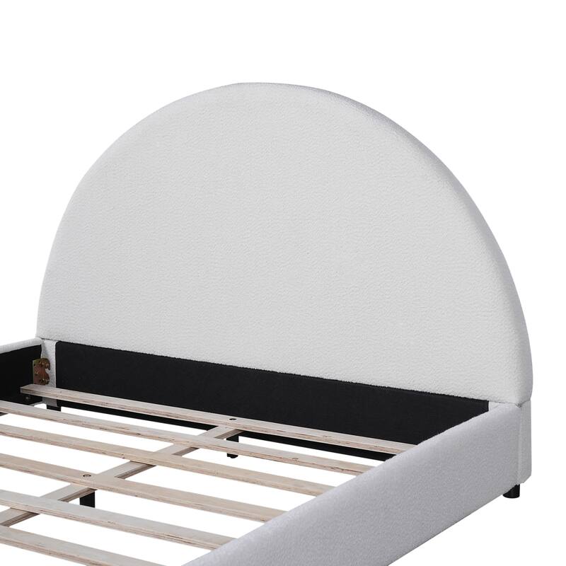 Roomfitters Queen/Twin Size Boucle Upholstered Platform Bed with Round Curved Headboard, Modern Bedroom Style, White