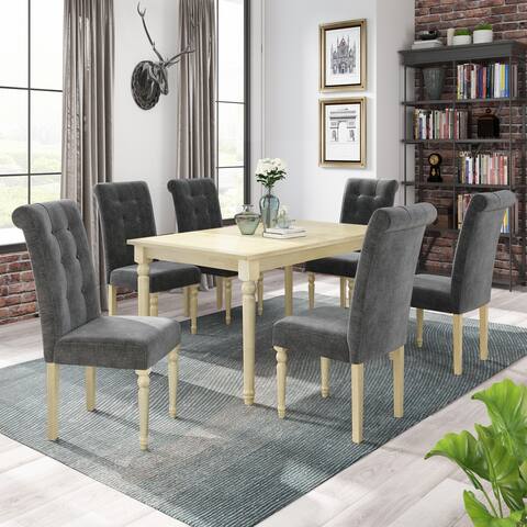 7Pcs Transitional Natural Solid Wood Rectangular Dining Table Set with 6 High Back Button-Tufted Upholstered Dining Chairs