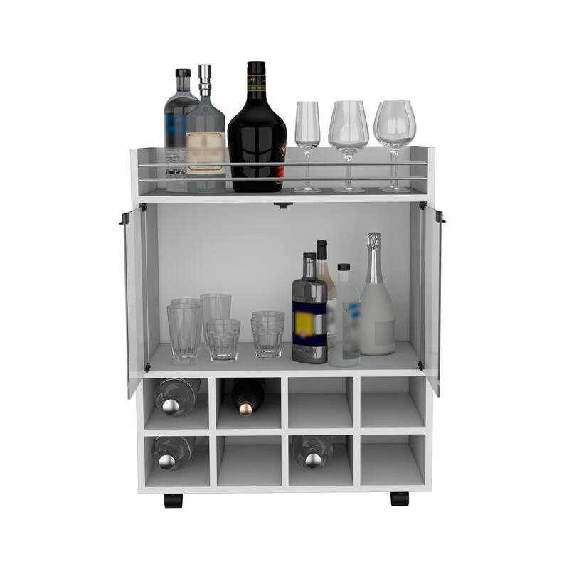St Andrews Bar cart with Built-In 8-Bottle Rack, Double Glass Door Cabinet, and Aluminum-Edged Top Surface