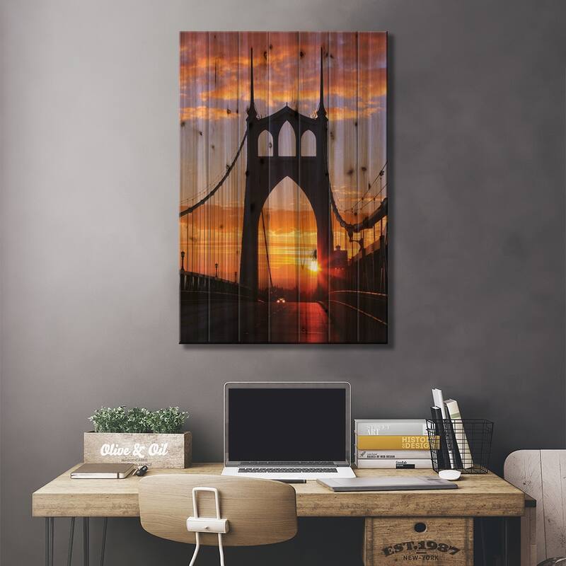 USA, Oregon, Portland. St. Johns Bridge at sunrise. Print On Wood by Jaynes Gallery - Multi-Color
