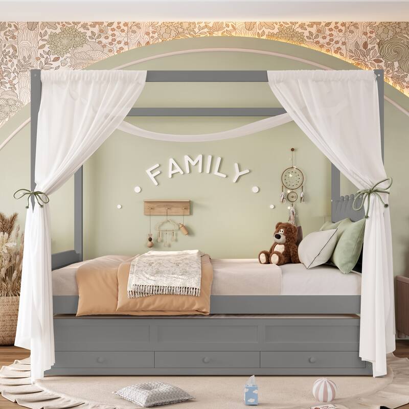 Full/Twin Platform Bed with Upholstered Headboard, Trundle & 3 Drawers, Princess Canopy Bed