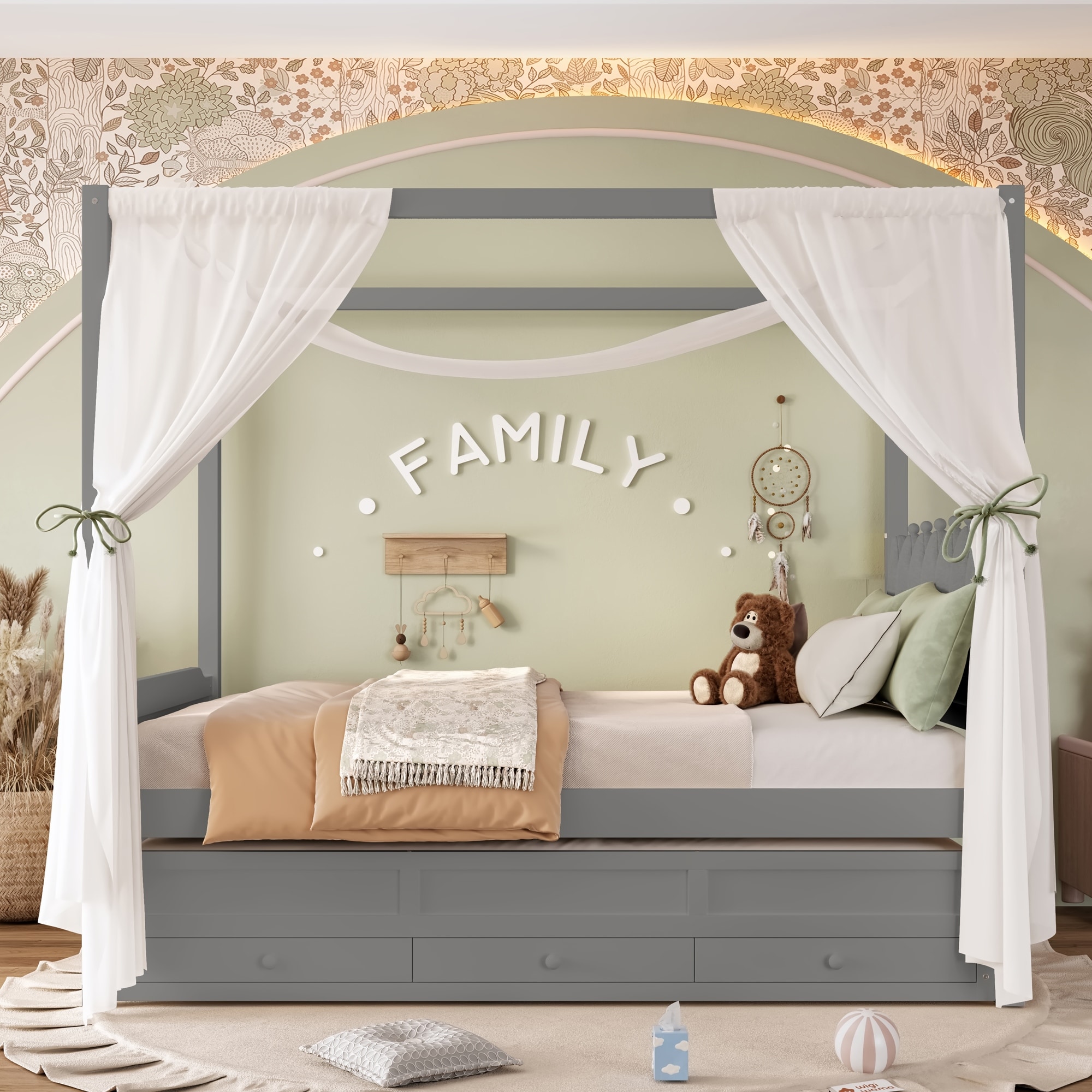 Roomfitters Canopy Bed with Trundle and Drawers, Upholstered Crown Headboard, Solid Wood Frame