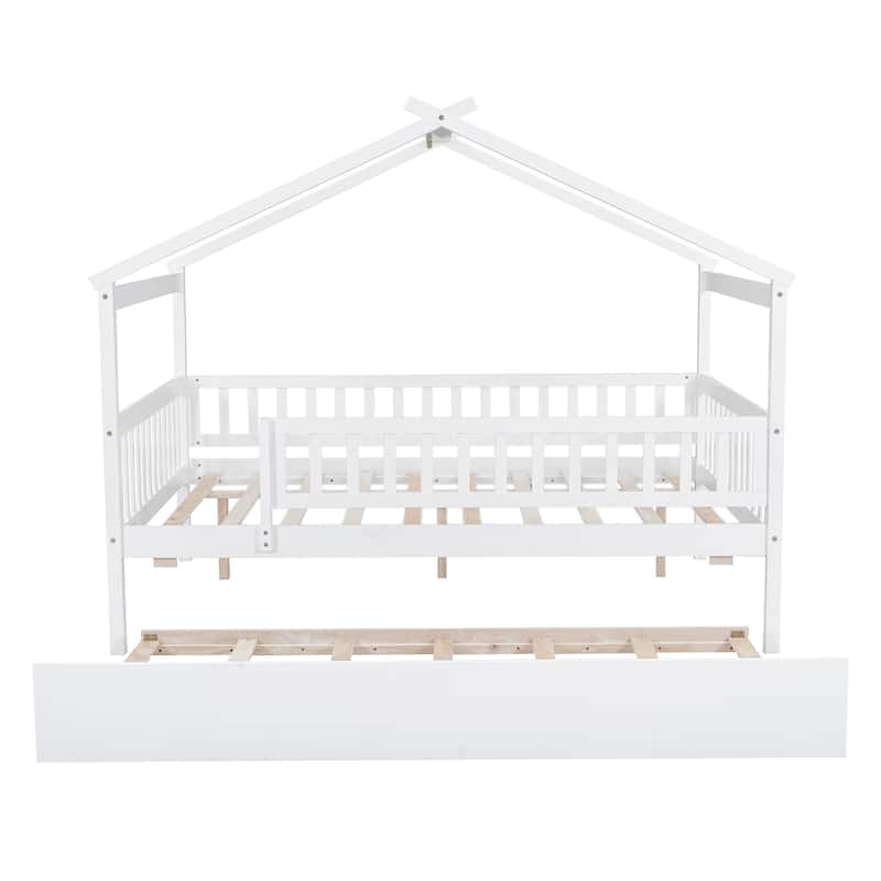 Full Size Wooden House Bed with Twin Size Trundle, Roof and Fence