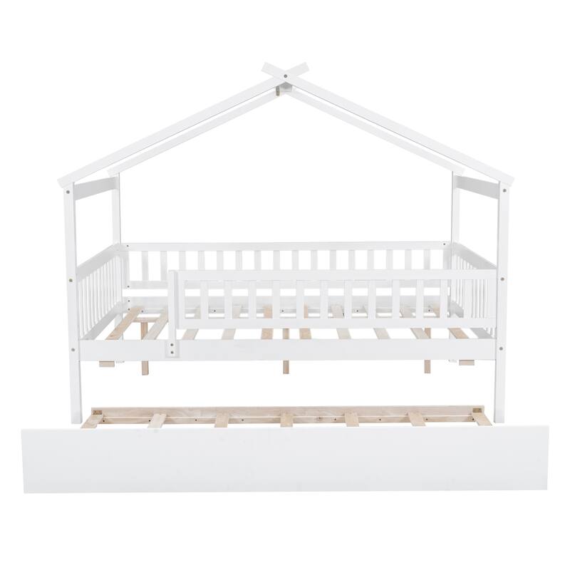 Pine House Bed with Trundle, Guardrail & Roof
