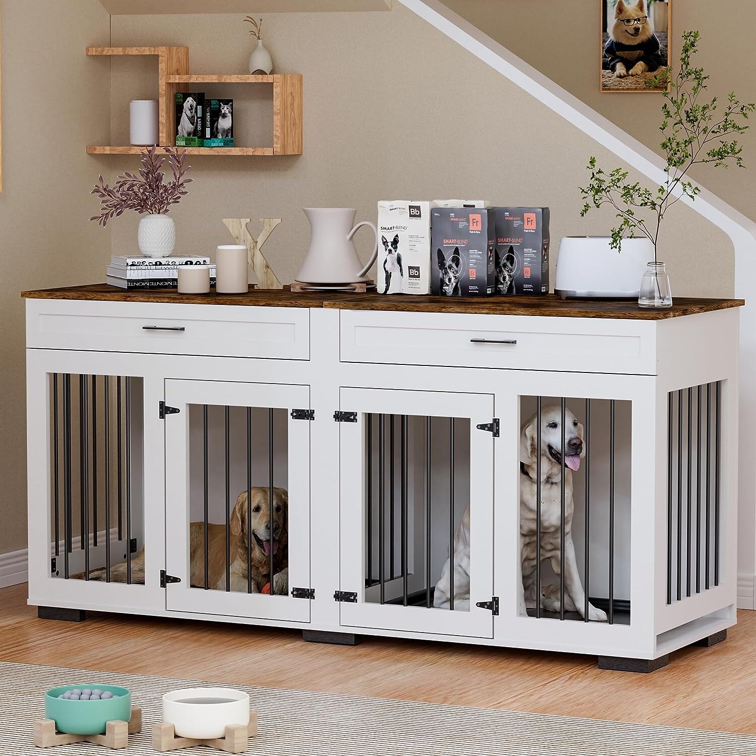 PAKASEPT Large Dog Crate Furniture, Wooden Dog Kennel with Room