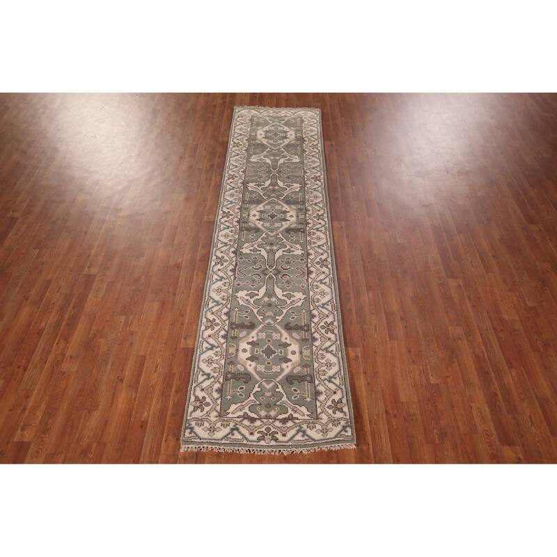 All-Over Green & Ivory Oushak Oriental Runner Rug Handmade Wool Carpet - 2'7"x 9'11"