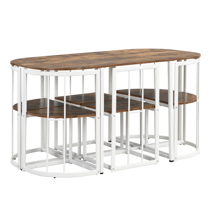 7-Piece Compact Dining Set for 6 with Faux Marble Table and Stylish Metal Frame Chairs, 55-Inch
