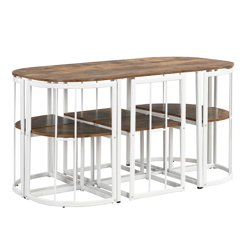 Roomfitters Modern 7-Piece Dining Table Set, 55" Faux Marble Kitchen Table with 6 Space-Saving Metal Chairs for 6