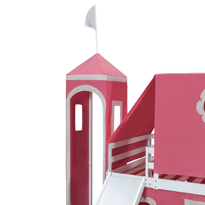 Castle Frame Bed Wood Loft Bed Loft Bed Convertible To Mini Playground with Pink Tent and Tower, Child Bed Tent