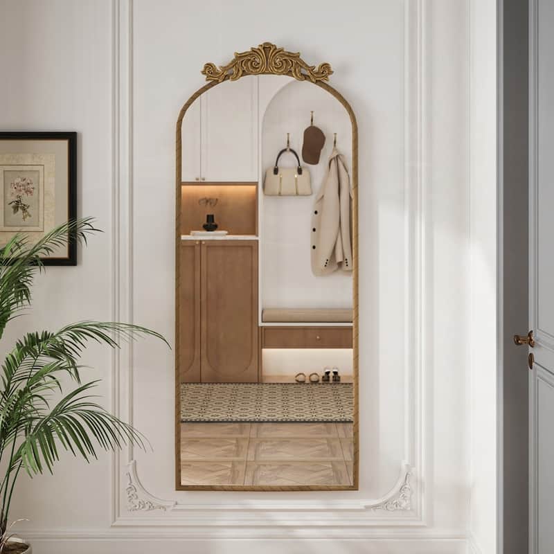 Arched Full Body Mirror with Vintage Ornate Carved Applique on Top - 58"x24"