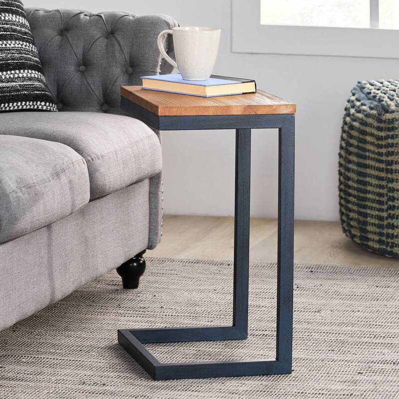 Roomfitters C-Shaped Side Table, Industrial End Table with Natural Wood Top and Blue Metal Frame for Sofa or Bedside, Natural