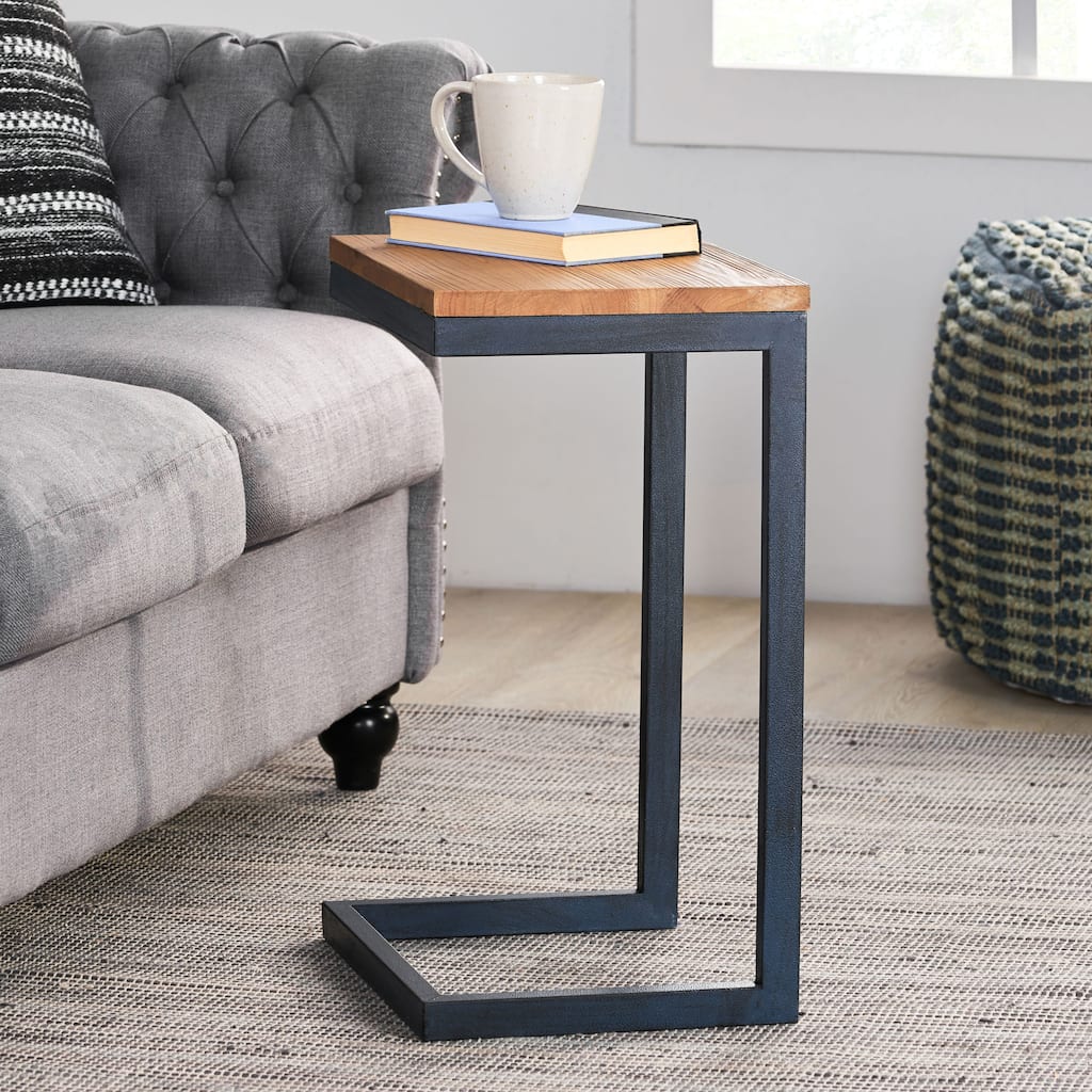 Roomfitters C-Shaped Side Table, Industrial End Table with Natural Wood Top and Blue Metal Frame for Sofa or Bedside, Natural