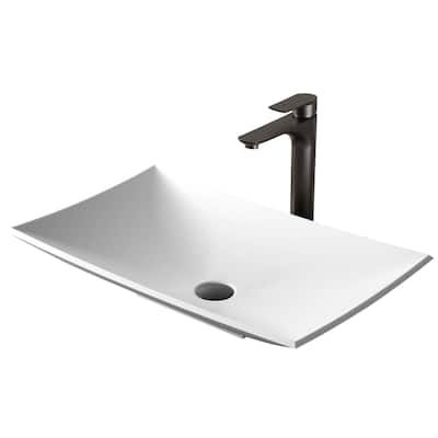 Karran Quattro Matte White Acrylic 25 in. Rectangular Bathroom Vessel Sink with Faucet and drain in Matte Black