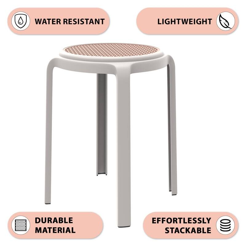 Round Plastic Dining Stool with Wicker Top Tresse Series by LeisureMod - 17.7" H x 13.4" W x 13.4" D