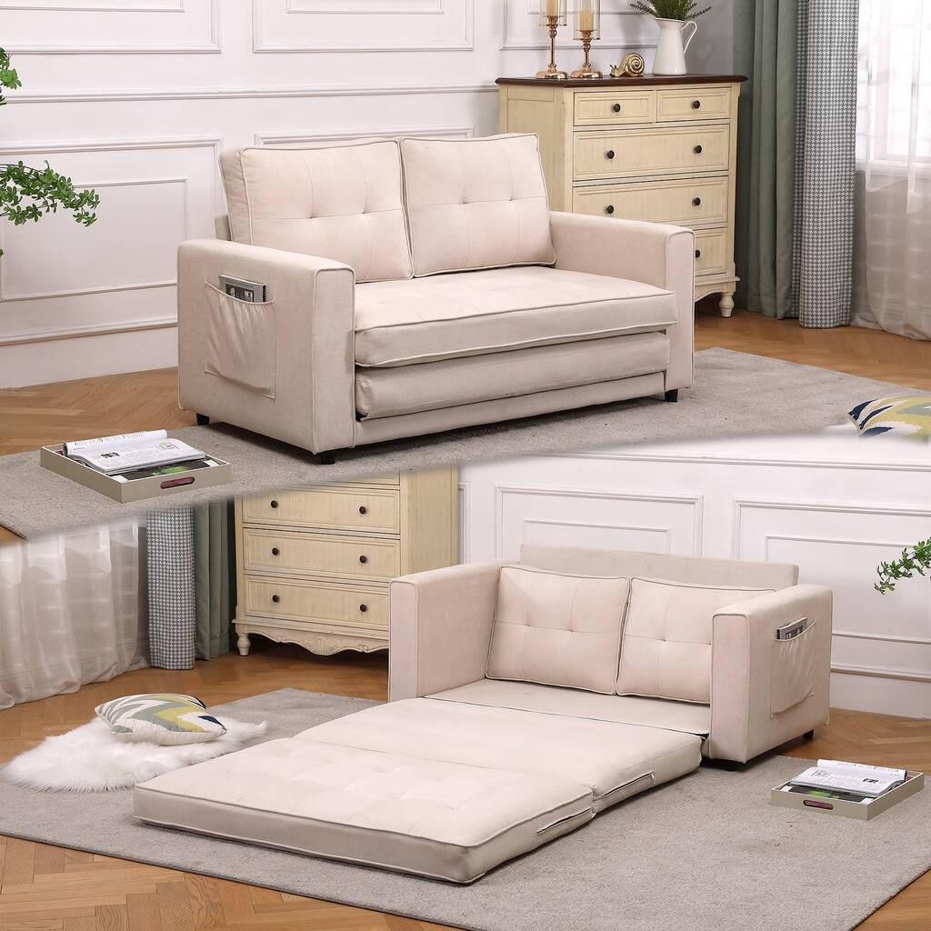 Folding Sofa Bed with Two Storage Pockets,Linen Convertible Foldable Couch Bed,Loveseat Sleeper Sofa,Sofa Bed Couch