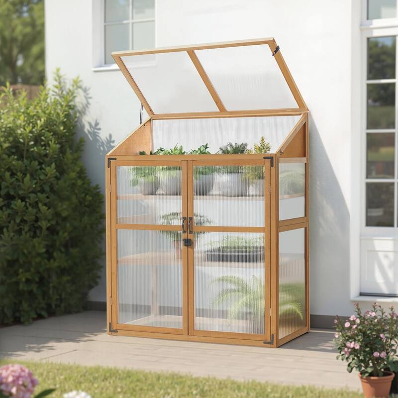 MCombo Cold Frame Greenhouse with Adjustable Shelves, Solid Wood 1344