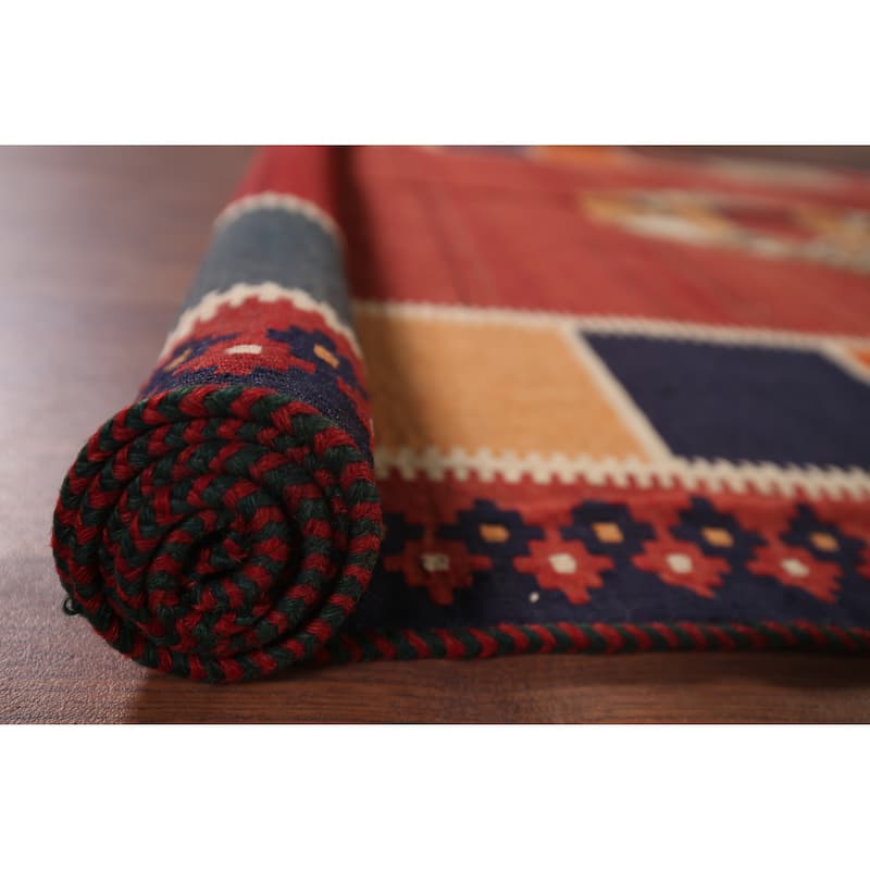 Vegetable Dye Kilim Qashqai Persian Vintage Flatweave Red Wool Carpet - 4'11"x 8'7"