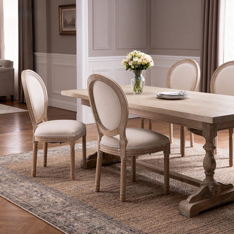 Anmytek French Style Oval Back Dining Chairs Set of 2 Solid Wood Frame Linen Upholstered Beige