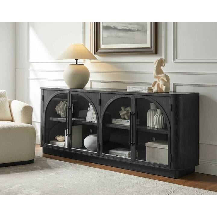 Modern, Contemporary Wood 80" Console with glass doors, TV Stand, Accent Cabinet, Fully Assembled, Black - 80"W x 32"H x 15"D