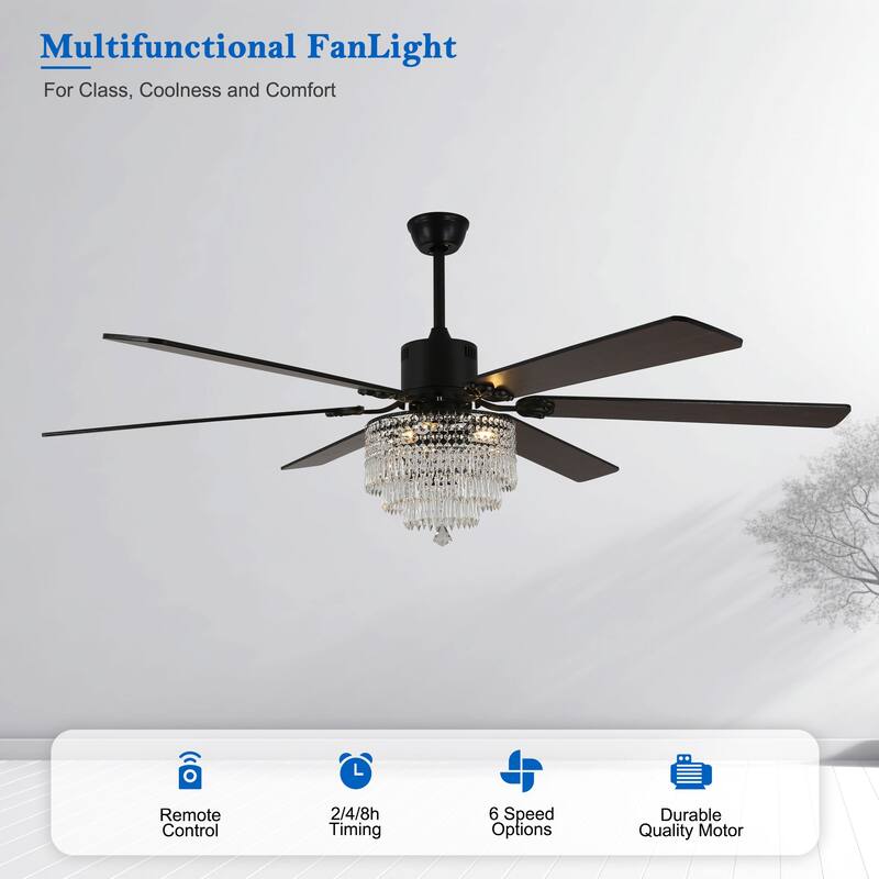 CurveCurio 65" Lagre Ceiling Fan w Crystal Light Shade and Wood Blades, Quiet DC Motor w Remote For Large Room - 65" * 65" * 26"
