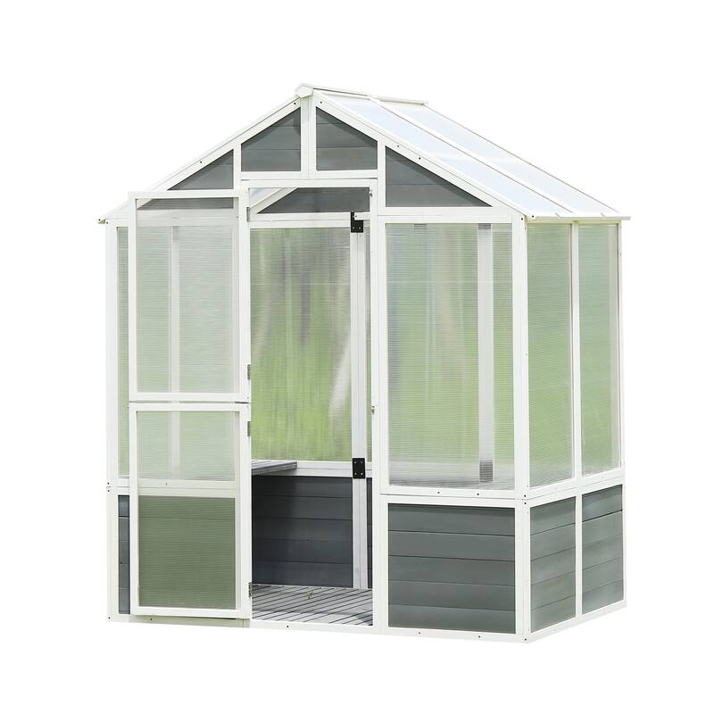Greenhouse, Wooden Greenhouse Polycarbonate Garden Shed for Plants, Grow House with Front Entry Door - Wood