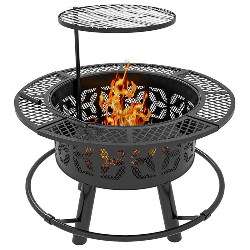 Outdoor Fire Pit and BBQ Grill Black Steel Adjustable Rotating Grate 33 Inch with Poker - 33" Diameter x 33" Height - Black