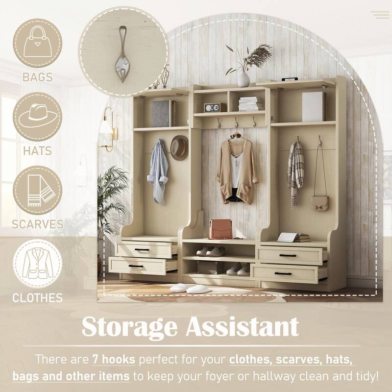 4-in-1 Entryway Hall Tree with Storage, 7 Hooks & Drawers, Beige