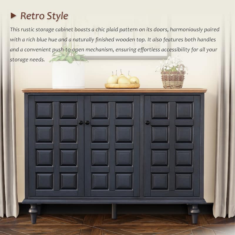 COZAYH Vintage Storage Cabinet With Plaid Pattern Front, Rustic Sideboards With Push-to-open Doors For Bedroom, Living Room