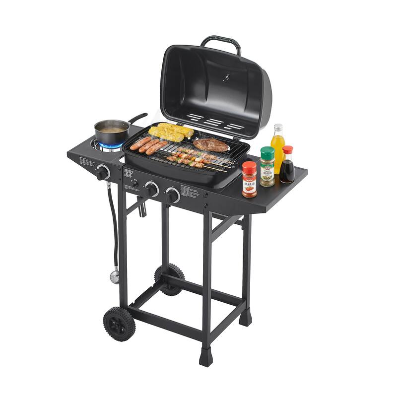 Anmytek 2-Burner Stainless Steel Propane Gas Grill with Side Burner 24000 BTU Enameled Grates Side Tables