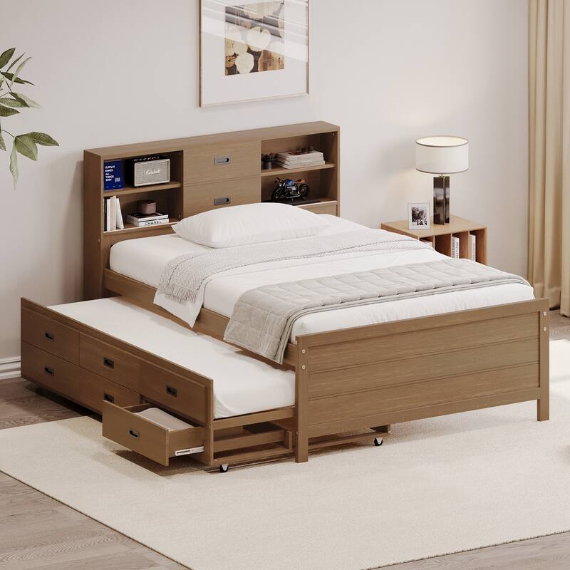 Full/Twin Size Captain Bed with Storage Bookcase Headboard,Captain bed with Trundle and Three Storage Drawer - Walnut - Full