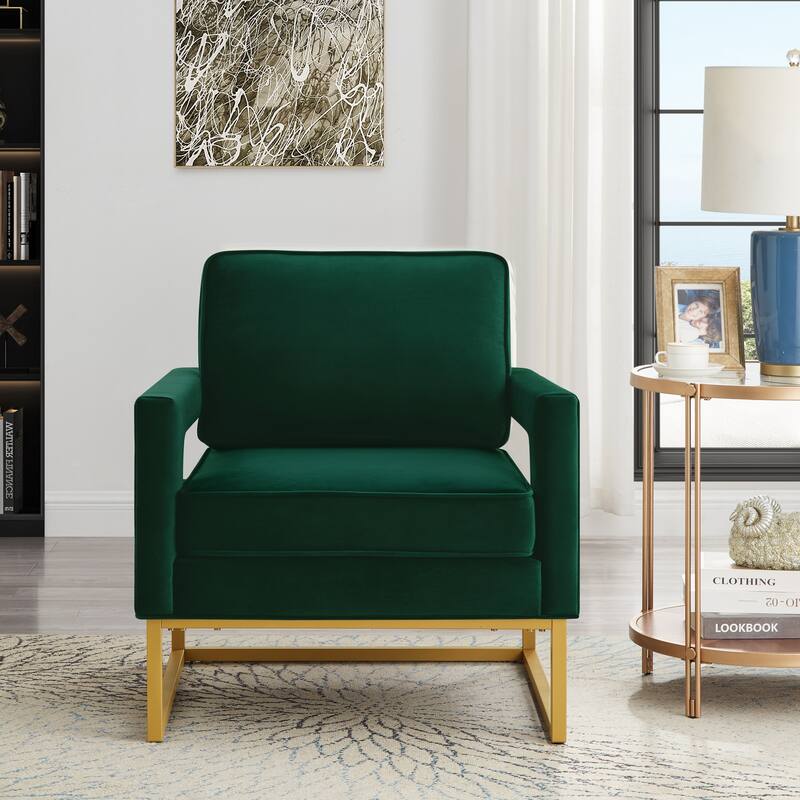 Modern Style Accent Chair with Gold Metal Base , Velvet Upholstered Leisure Chair with Open Armrest, Armchair