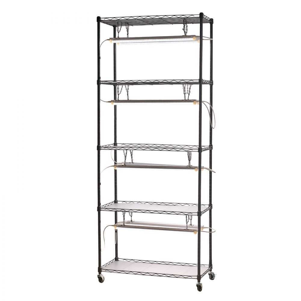 Black Metal 6-Tier Indoor Plant Stand with 8 Cold LED Grow Lights and DIY Shelves - 29.53 x 13.78 x 70.87 in/