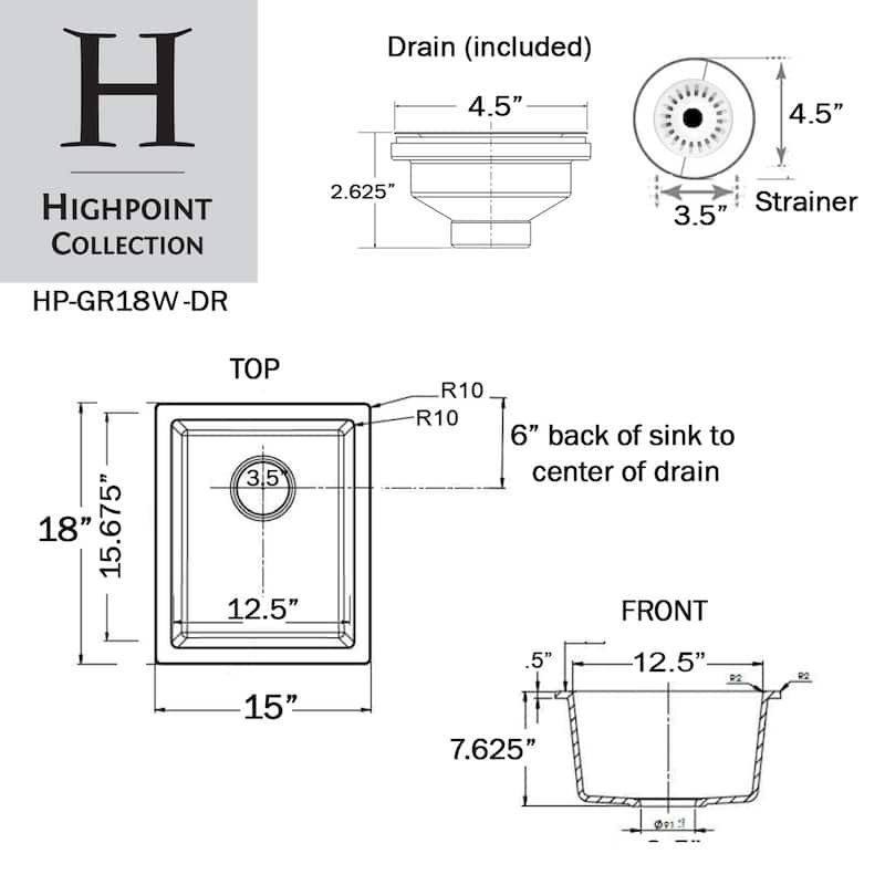 Highpoint Collection European Granite Composite Bar Sink and Drain Set - 15" x 18" x 7.6"