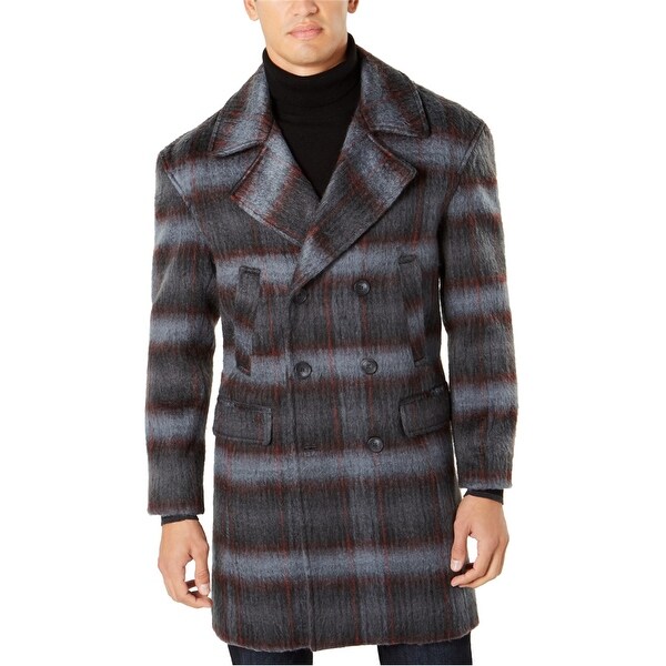 I-N-C Mens Grunge Plaid Top Coat, Black