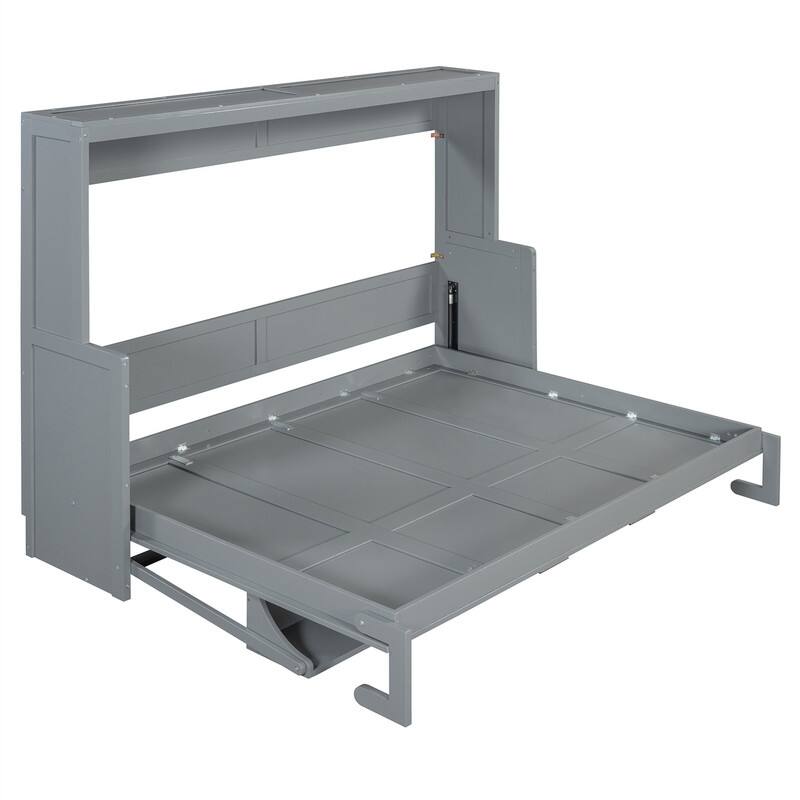 Full/Queen Size Wooden Murphy Bed with Desk, Foldable Murphy Bed Cabinet w/ Hydraulic Lift Design, Space Saving Murphy Chest Bed