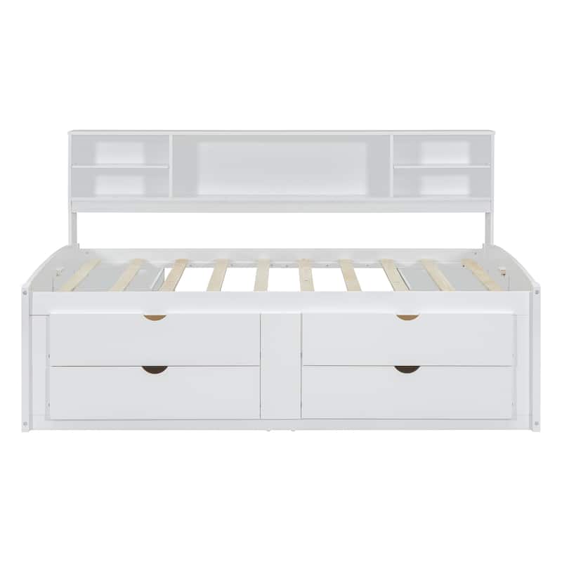 Full Size Daybed with Storage Bookcase and 4 Drawers, Wood Daybed Frame Sofa Bed with Upper Shelves and 2 Bedside Cabinets