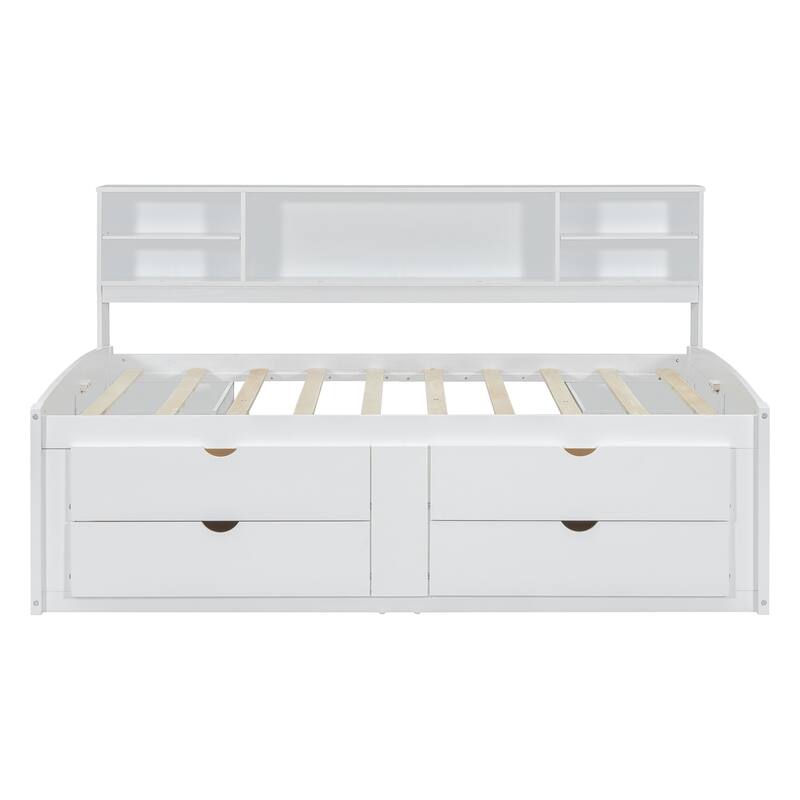 Full Size Wooden Daybed with Bookcase Headboard, Storage Sofa Bed Frame with 2 Bedside Cabinets and 4 Drawers, Solid Pine Bed