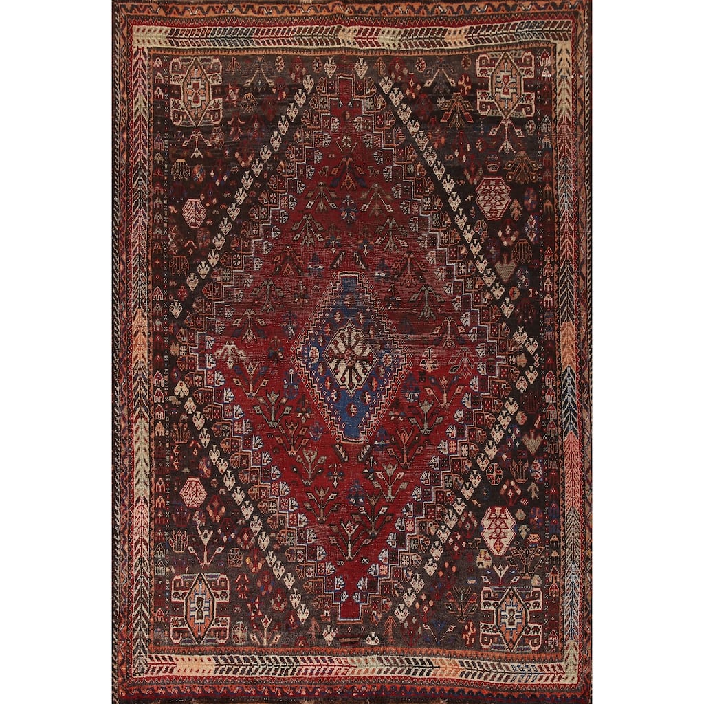Vegetable Dye Shiraz Persian Antique Area Rug Hand-Knotted Wool Carpet - 5'7"x 8'2"