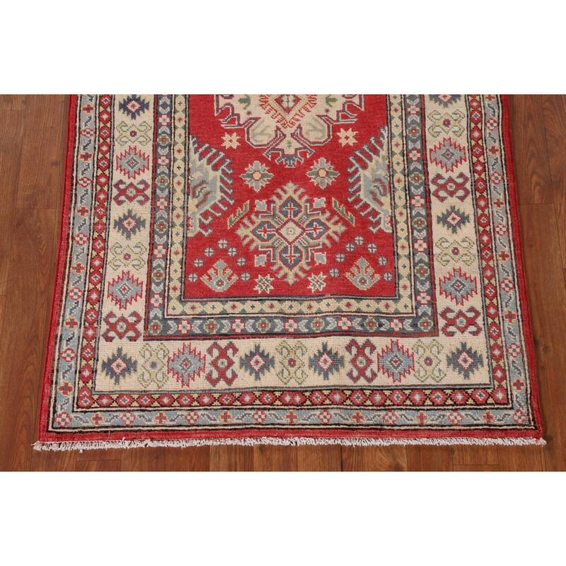 Geometric Kazak Accent Rug Handmade Red Wool Carpet - 3'2"x 5'0"