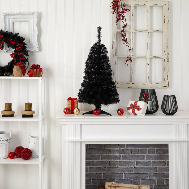 3ft. Black Artificial Christmas Tree with 50 LED Lights & 118 Branches - Modern Festive Holiday X-Mas Accent