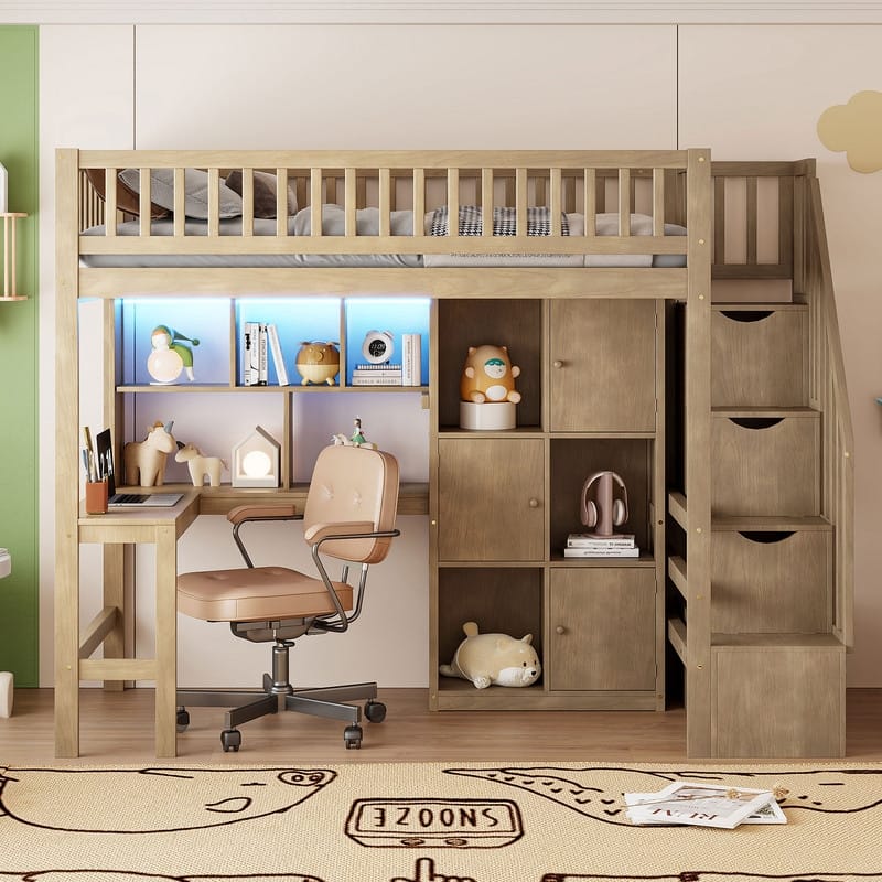 Wood Twin Size Loft Bed with Built-in Desk, LED, Storage Shelves, Cabinets and Staircase - Walnut