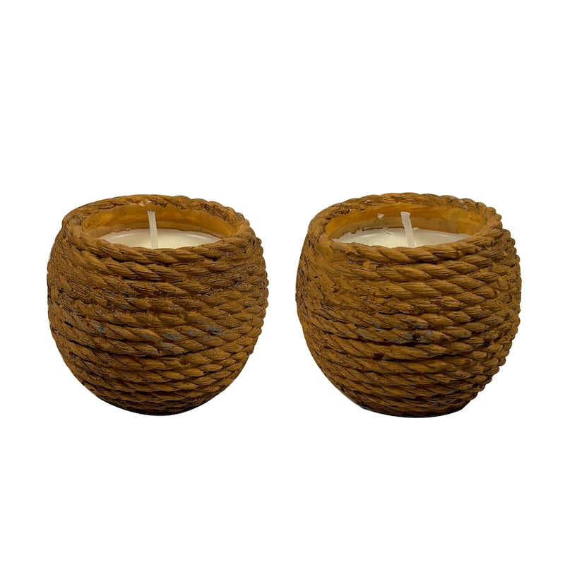 Large Basket Ceramic Candle Bowl Set of Two Light Brown 6 Oz Each - Brown